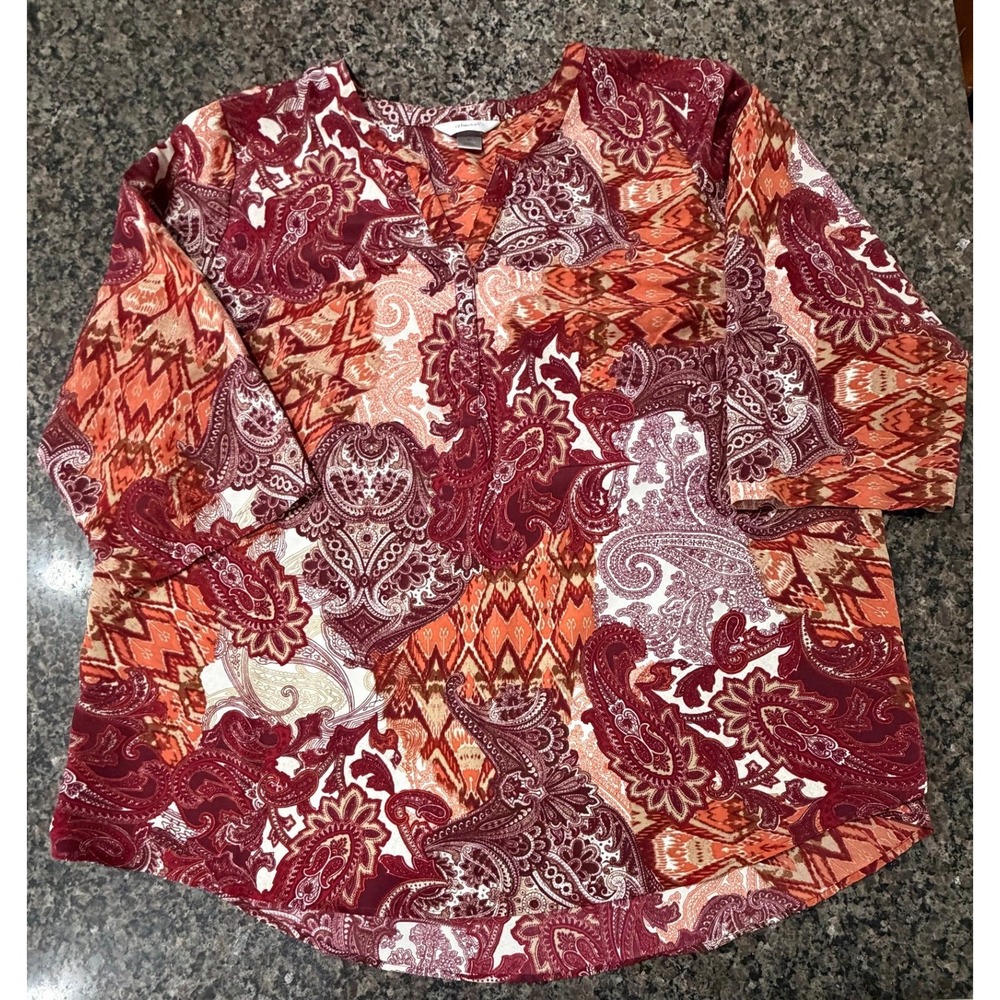 CJ Banks Womens 3X Paisley‎ Ikat Print Split Neck Blouse Top Burgundy Orange